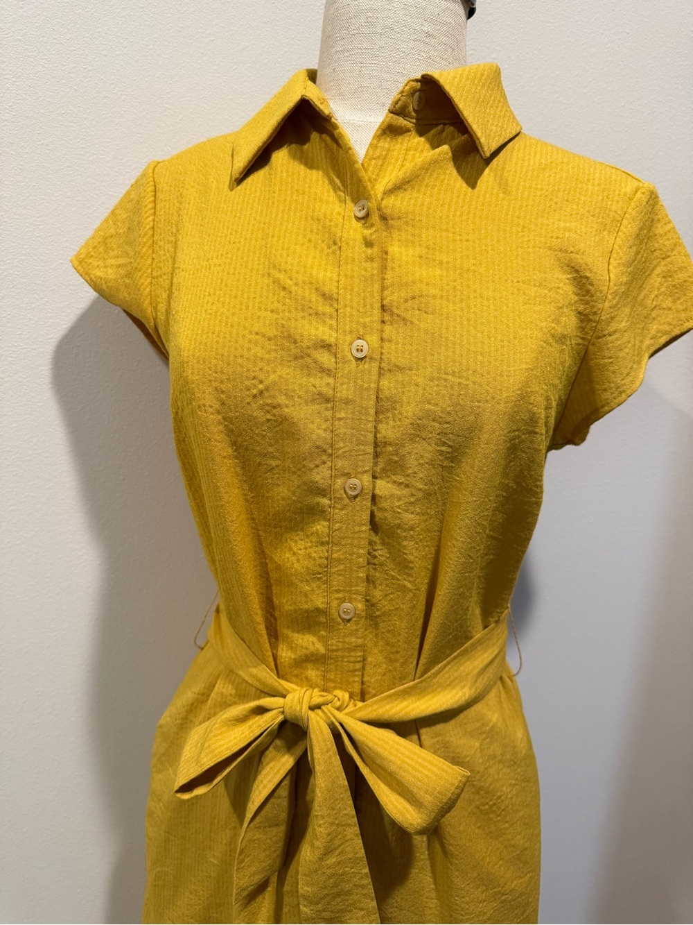 Halogen Cap Sleeve Mustard Yellow Button Down Midi Shirt Dress with Tie Waist